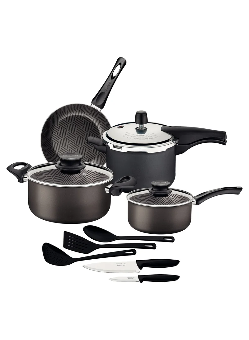 Tramontina Since 1911,Made in Brazil- Paris 12 Pieces Lead Colored Aluminum Cookware Set with Interior and Exterior Starflon Max PFOA Free Nonstick Coating
